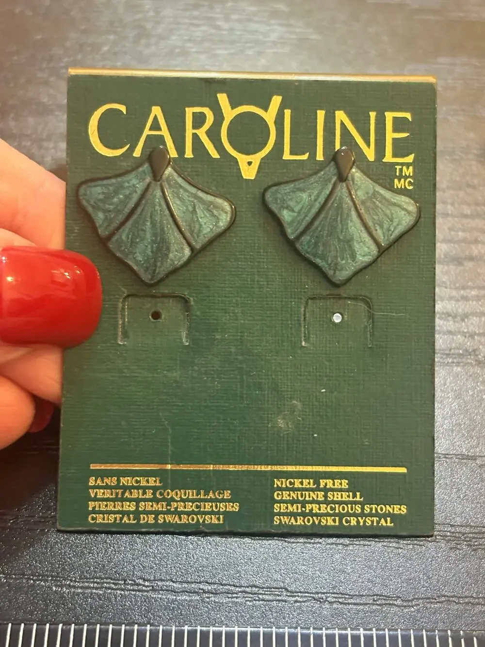 Vintage Caroline Green Ginkgo Leaf Stud Earrings NOS